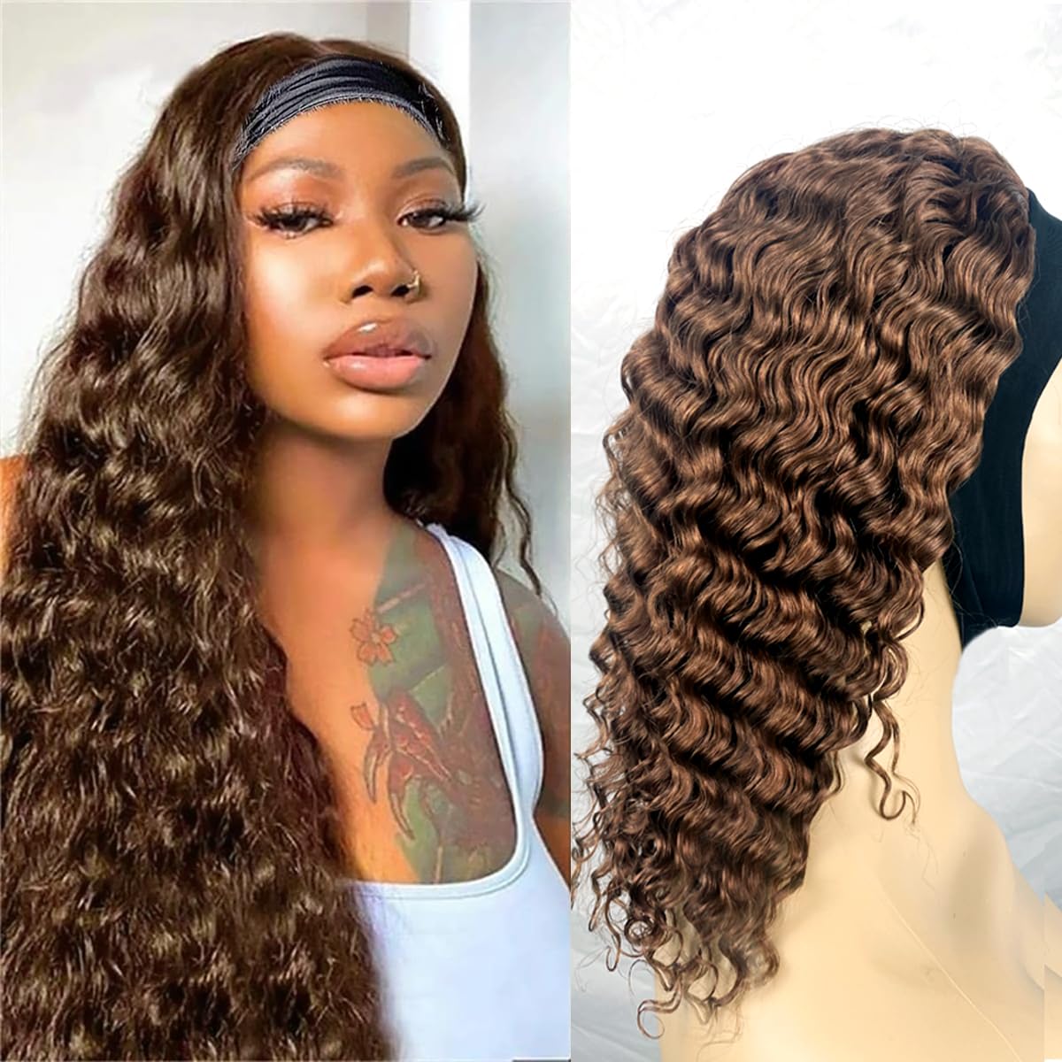 XSY Headband Wig Human Hair Deep Wave 16 Inch Curly Headband Wigs Glueless No Lace Front Wigs for Black Women Deep Curly Headband Half Wigs 150% Density Natural Color