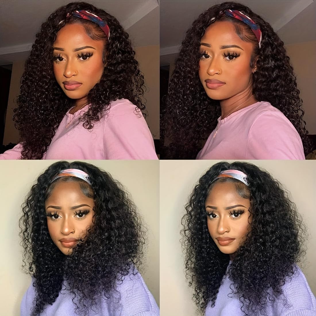 XSY Headband Wig Human Hair Deep Wave 16 Inch Curly Headband Wigs Glueless No Lace Front Wigs for Black Women Deep Curly Headband Half Wigs 150% Density Natural Color