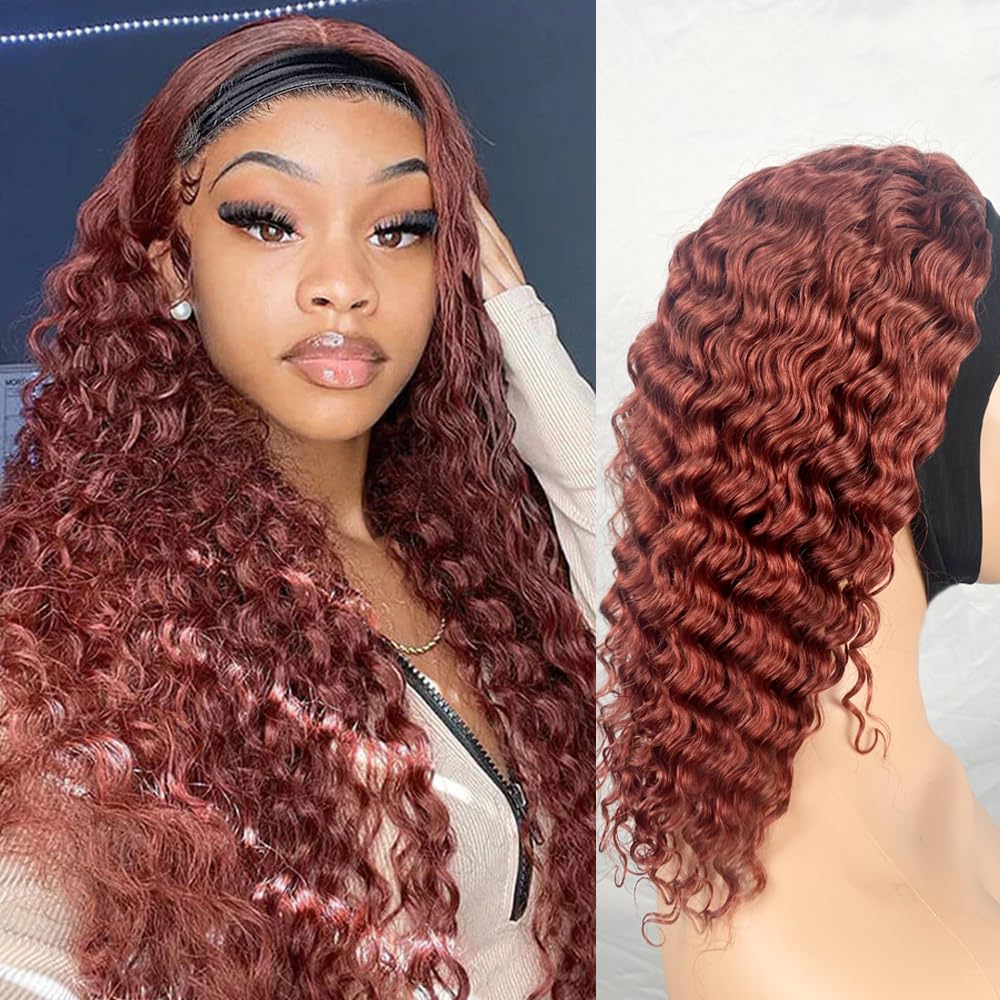 XSY Headband Wig Human Hair Deep Wave 16 Inch Curly Headband Wigs Glueless No Lace Front Wigs for Black Women Deep Curly Headband Half Wigs 150% Density Natural Color