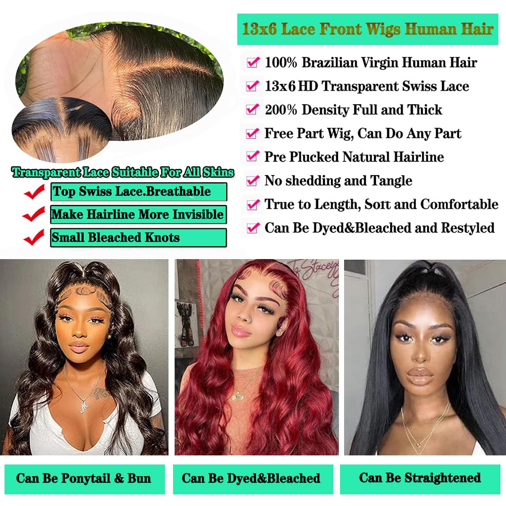 13x6 Body Wave Lace Front Wigs Human Hair Pre Plucked 200% Density Glueless Wigs Human Hair 26 Inch HD Transparent Lace Frontal Wigs Human Hair Wigs for Black Women With Baby Hair