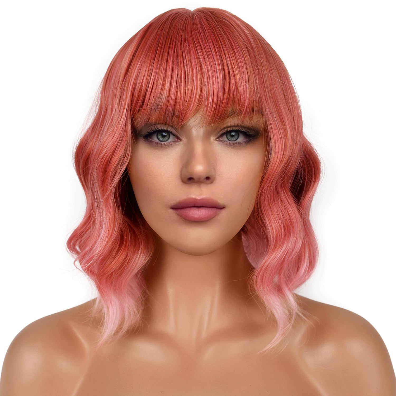 Pastel Bob Wigs with Bangs for Women Loose Wavy Wig Pastel Wavy Shoulder Length Bob Synthetic Cosplay Wig for Girl Colorful Costume Wigs (Pink)