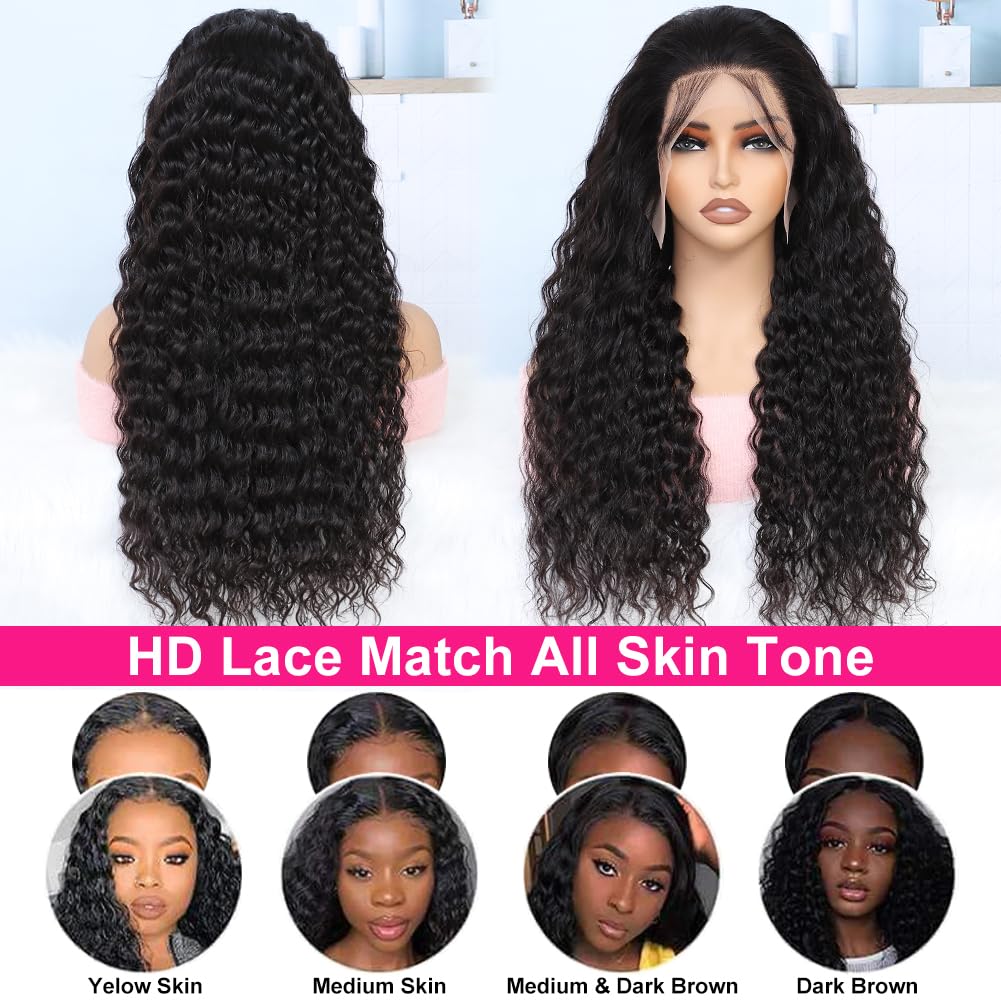 13x6 Deep Wave Lace Front Wigs Human Hair Pre Plucked Pre Bleached Deep Curly Human Hair Wigs for Women 180 Density HD Full Lace Frontal Wig With Baby Hair 28inch