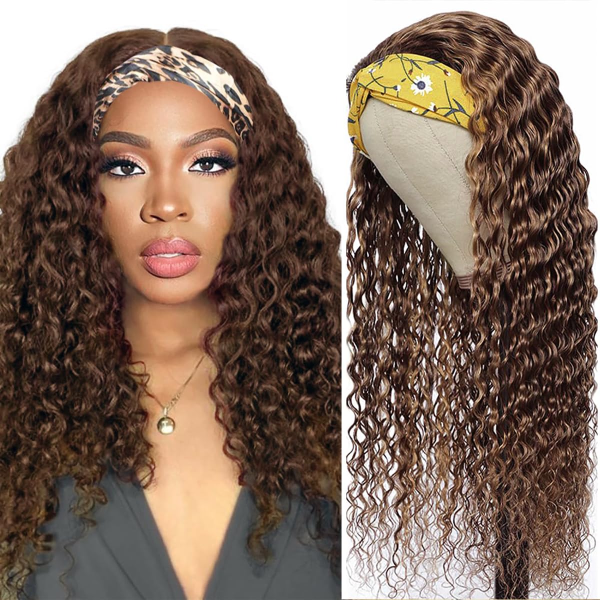 XSY Headband Wig Human Hair Deep Wave 16 Inch Curly Headband Wigs Glueless No Lace Front Wigs for Black Women Deep Curly Headband Half Wigs 150% Density Natural Color