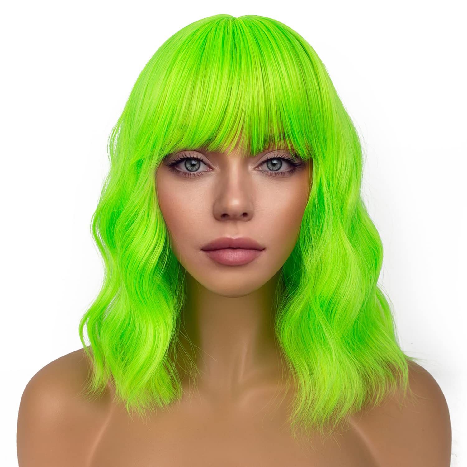 Pastel Bob Wigs with Bangs for Women Loose Wavy Wig Pastel Wavy Shoulder Length Bob Synthetic Cosplay Wig for Girl Colorful Costume Wigs (Pink)
