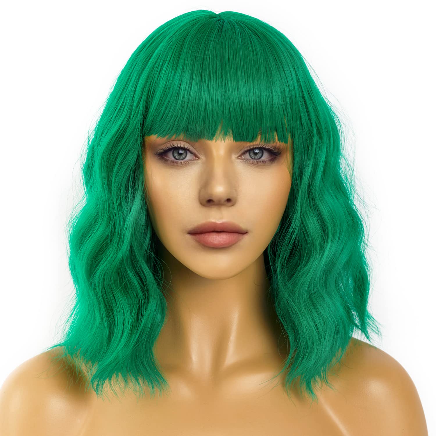 Pastel Bob Wigs with Bangs for Women Loose Wavy Wig Pastel Wavy Shoulder Length Bob Synthetic Cosplay Wig for Girl Colorful Costume Wigs (Pink)