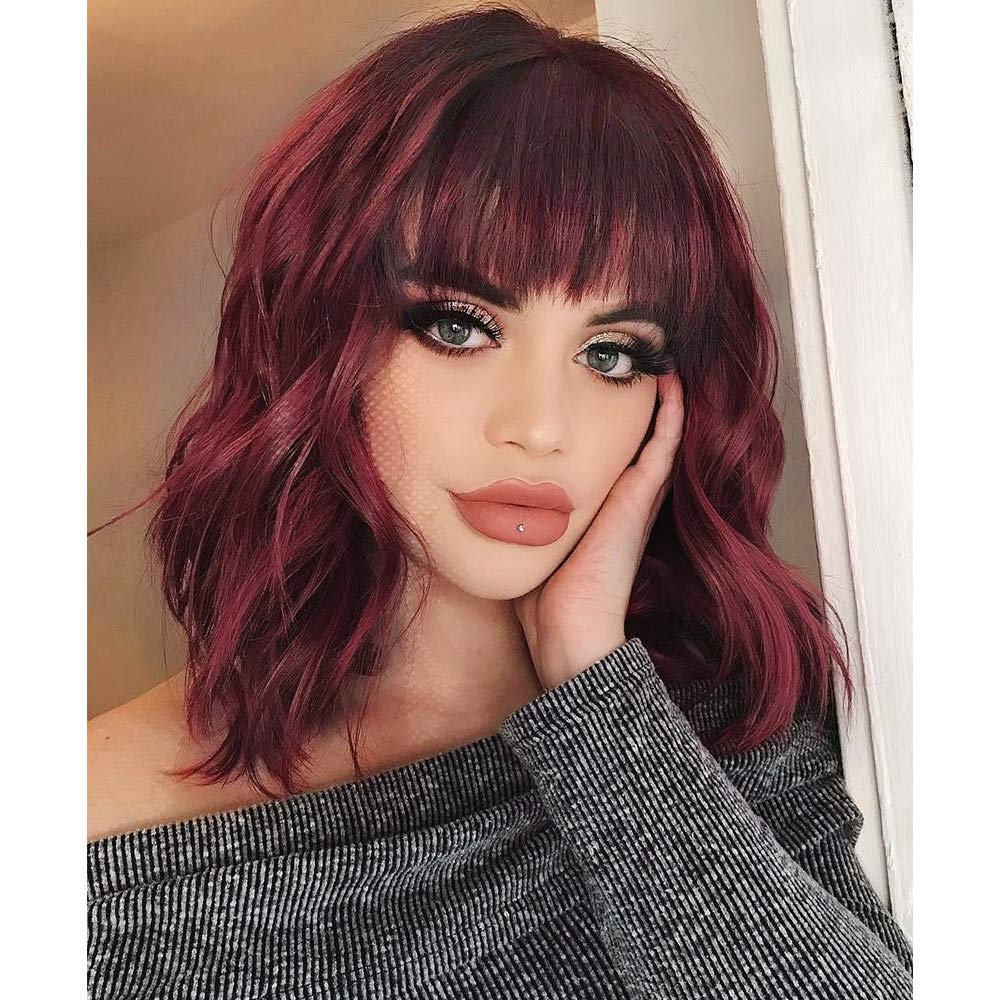 Black Mixed Brown Wig for Black Women 14 Inch Short Wavy Hair Wigs Curly Bob Wig with Bangs Wigs Shoulder Length Wigs for Black Women Bob Style Synthetic Heat Resistant