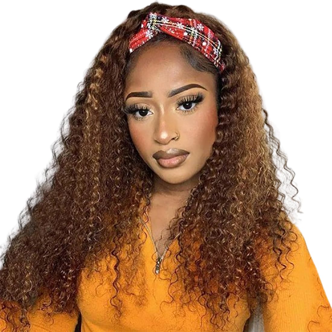 XSY Headband Wig Human Hair Deep Wave 16 Inch Curly Headband Wigs Glueless No Lace Front Wigs for Black Women Deep Curly Headband Half Wigs 150% Density Natural Color