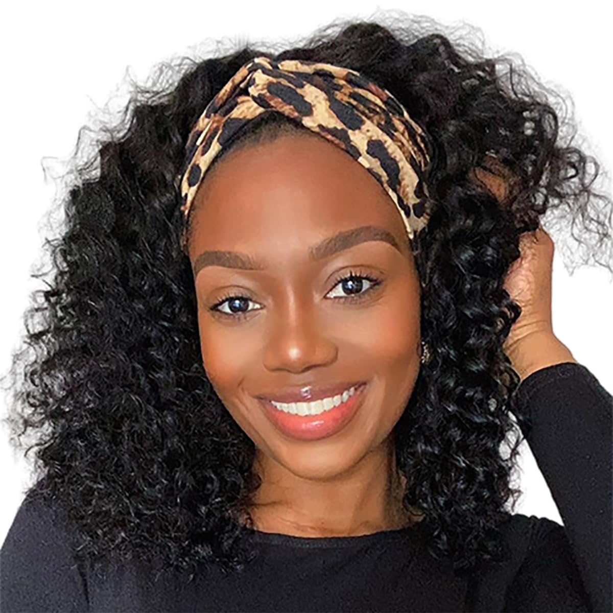 XSY Headband Wig Human Hair Deep Wave 16 Inch Curly Headband Wigs Glueless No Lace Front Wigs for Black Women Deep Curly Headband Half Wigs 150% Density Natural Color