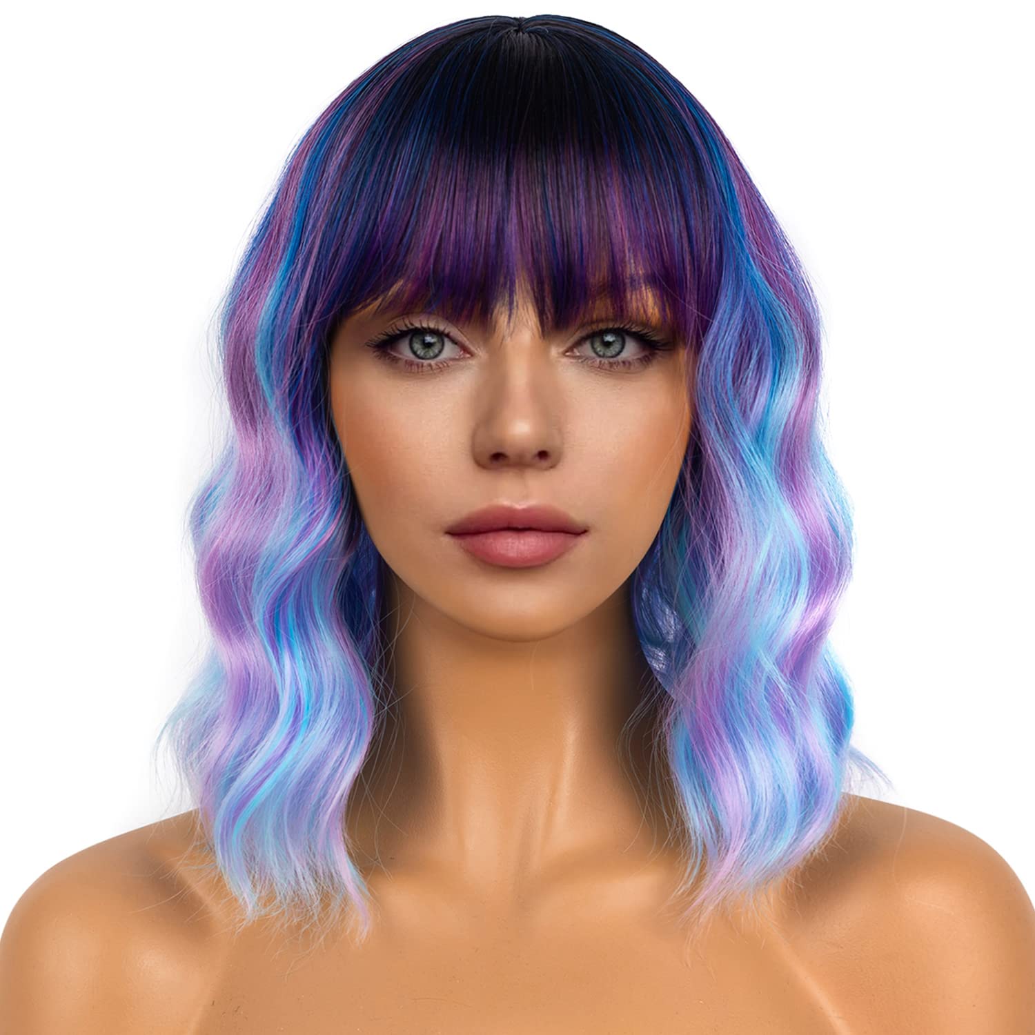 Pastel Bob Wigs with Bangs for Women Loose Wavy Wig Pastel Wavy Shoulder Length Bob Synthetic Cosplay Wig for Girl Colorful Costume Wigs (Pink)