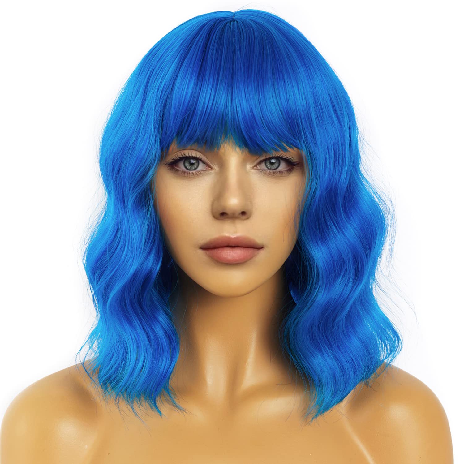 Pastel Bob Wigs with Bangs for Women Loose Wavy Wig Pastel Wavy Shoulder Length Bob Synthetic Cosplay Wig for Girl Colorful Costume Wigs (Pink)