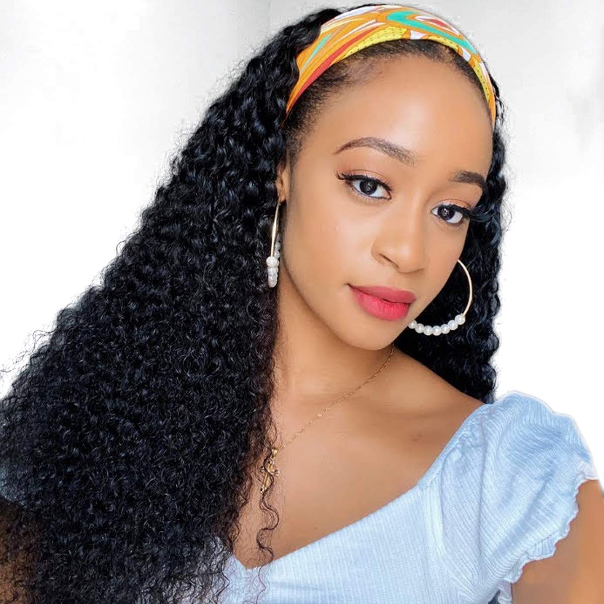 XSY Headband Wig Human Hair Deep Wave 16 Inch Curly Headband Wigs Glueless No Lace Front Wigs for Black Women Deep Curly Headband Half Wigs 150% Density Natural Color