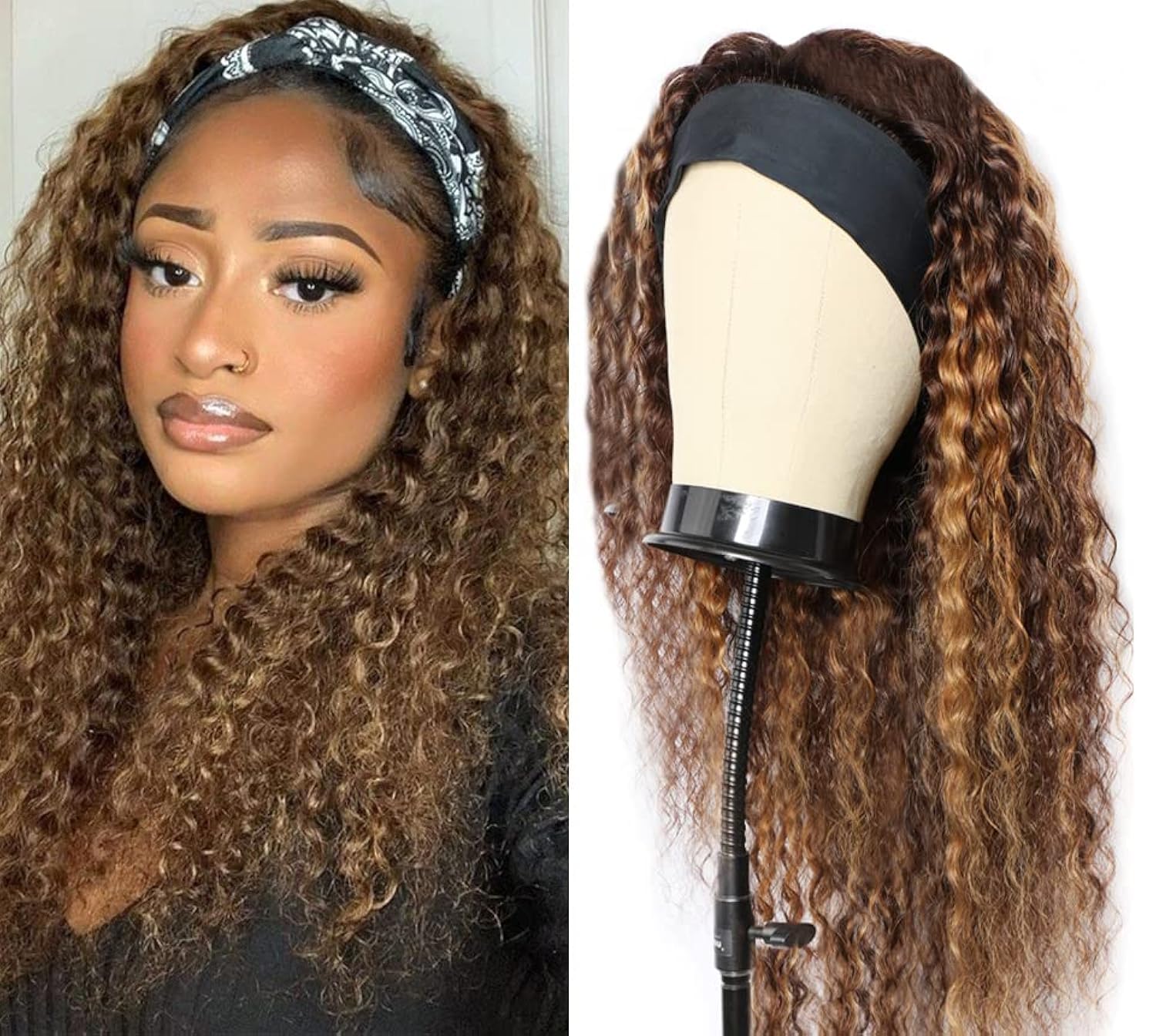 XSY Headband Wig Human Hair Deep Wave 16 Inch Curly Headband Wigs Glueless No Lace Front Wigs for Black Women Deep Curly Headband Half Wigs 150% Density Natural Color