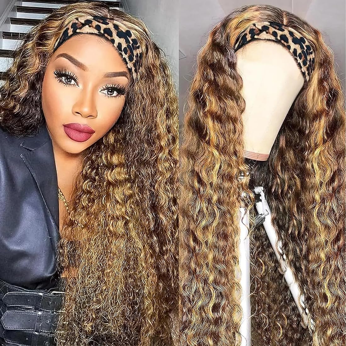 XSY Headband Wig Human Hair Deep Wave 16 Inch Curly Headband Wigs Glueless No Lace Front Wigs for Black Women Deep Curly Headband Half Wigs 150% Density Natural Color