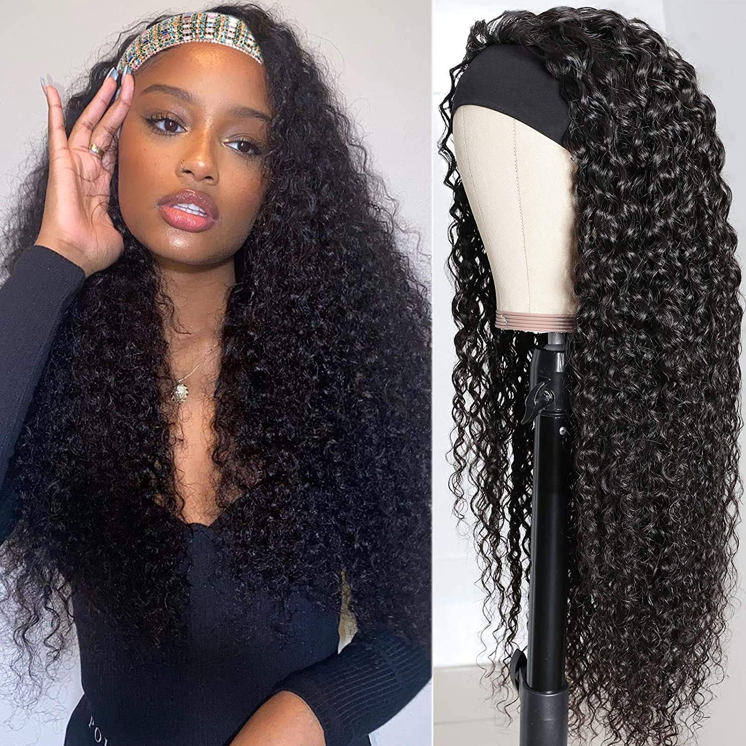 XSY Headband Wig Human Hair Deep Wave 16 Inch Curly Headband Wigs Glueless No Lace Front Wigs for Black Women Deep Curly Headband Half Wigs 150% Density Natural Color