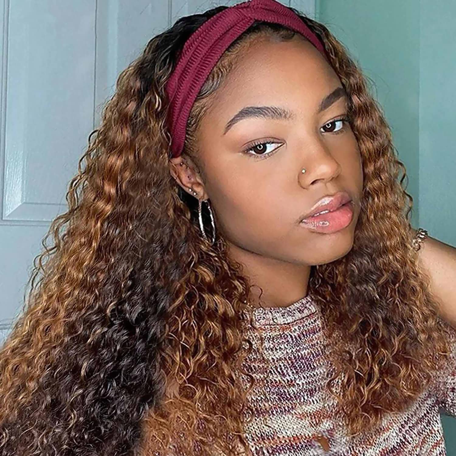 XSY Headband Wig Human Hair Deep Wave 16 Inch Curly Headband Wigs Glueless No Lace Front Wigs for Black Women Deep Curly Headband Half Wigs 150% Density Natural Color