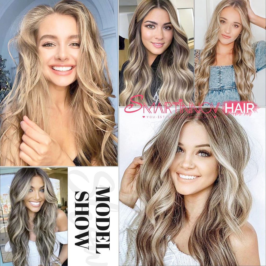20 Inch Balayage Human Hair Wigs Ombre Ash Blonde 13x4 HD Transparent Chestnut Brown to Ash Blonde Highlight Lace Front Remy Hair with Brown Roots for Women Pre Plucked with Baby Hair 150% Density